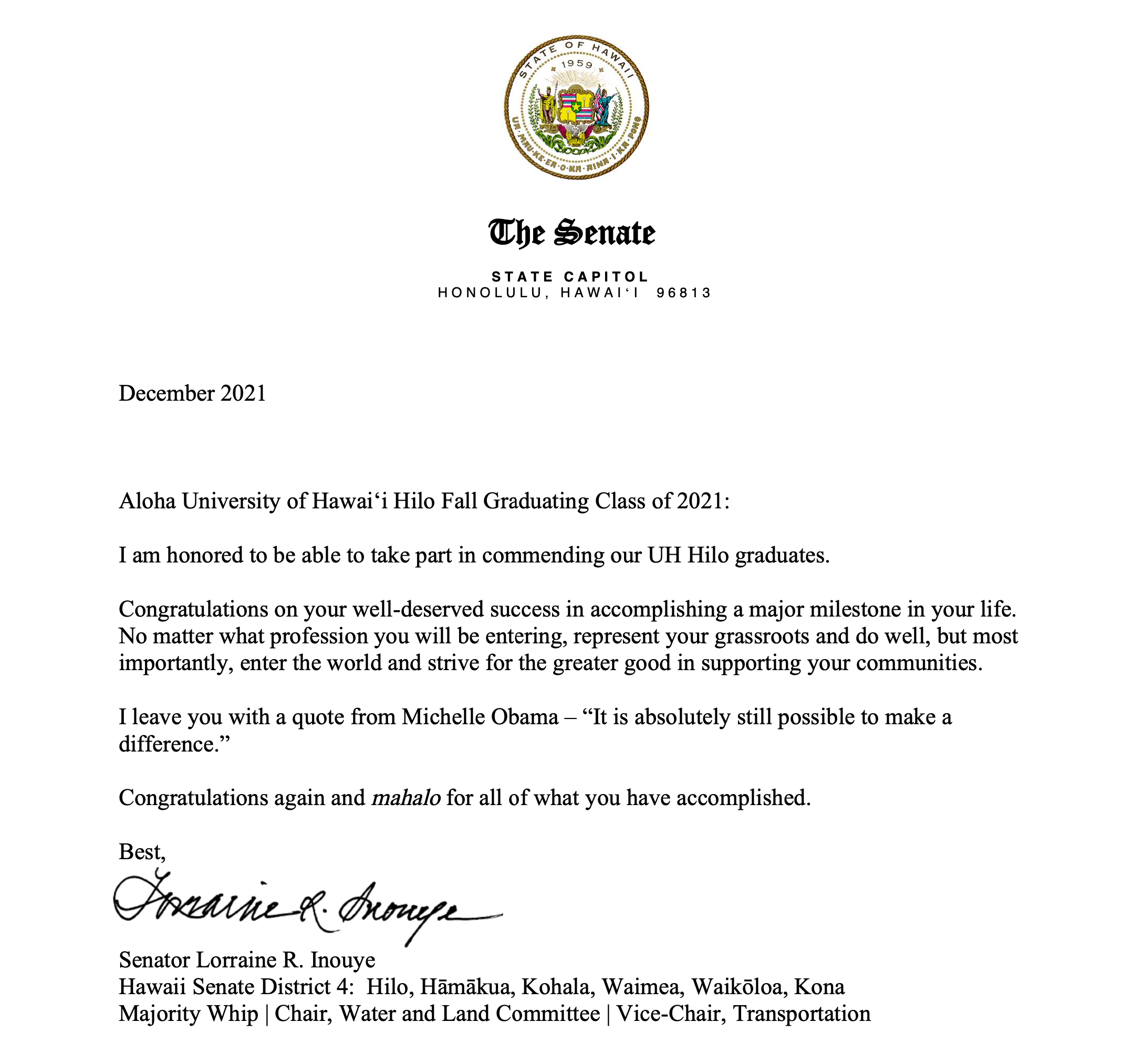 Congratulatory message from State Senator Lorraine Inouye