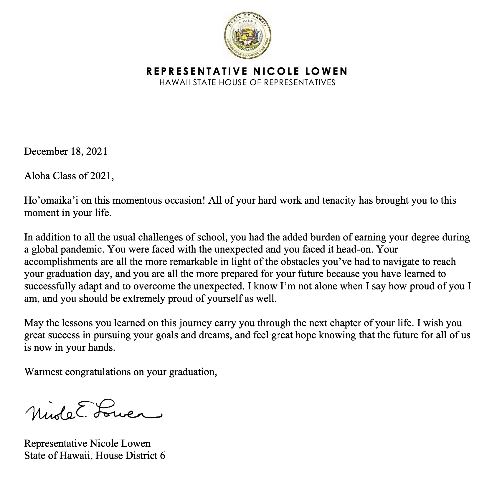 Congratulatory message from West Hawaii State House representative Nicole Lowen