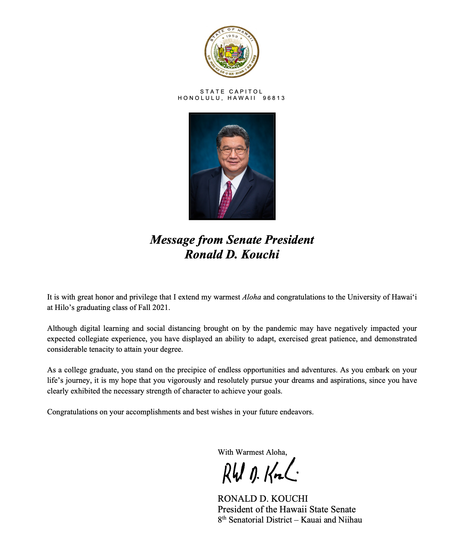 Congratulatory message from State Senate President Ronald Kouchi