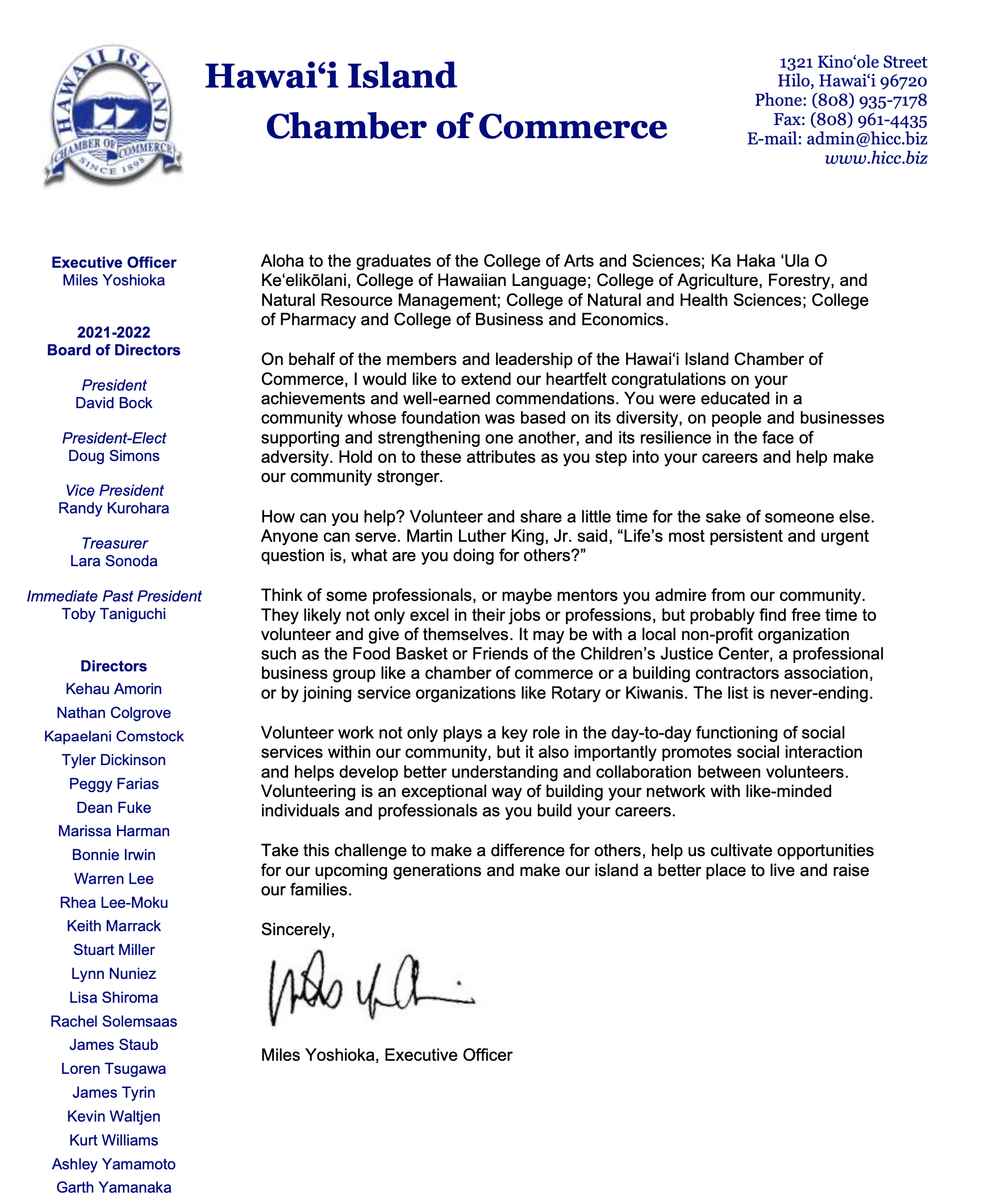 Congratulatory message from Hawaii Island Chamber of Commerce, Executive Officer Miles Yoshioka