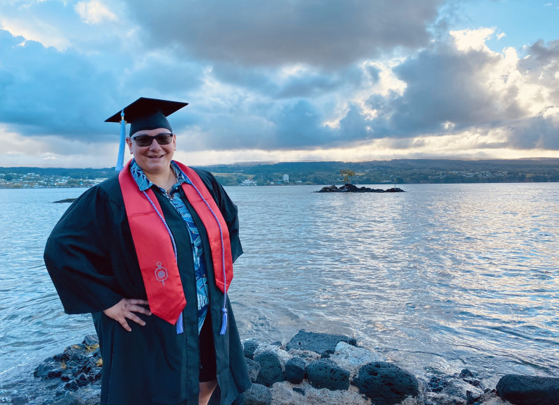 Standing on Mokuola where the tides of Hilo bay were rising. The clouds brought mist over the sea and shield the view of Mauna Kea.