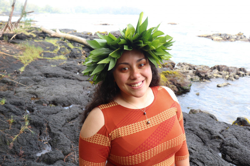 Kilia wearing lei po'o in Kamohoali'i dress