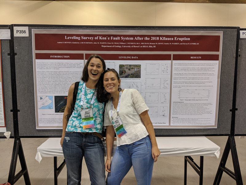 Alice Martin (in a blue shirt and jeans) and UH Hilo alumna Audria Dennen (in a white shirt and jeans) are standing in front of a poster they helped create and present with fellow UH Hilo geology students for the 2019 Geological Society of America's annual meeting. Both ladies have big smiles and look very excited to be there.