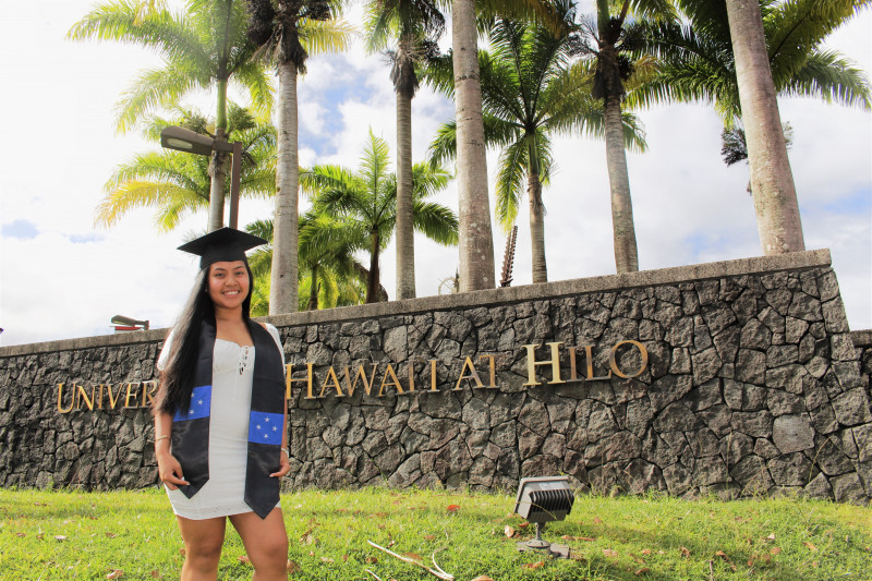 Standing in front of the University of Hawaii at Hilo entrance sign using my cap and FSM flag sash.