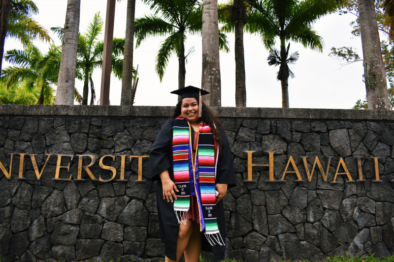 Graduate standing in front of the UH Hilo Sign (Primary Photo)