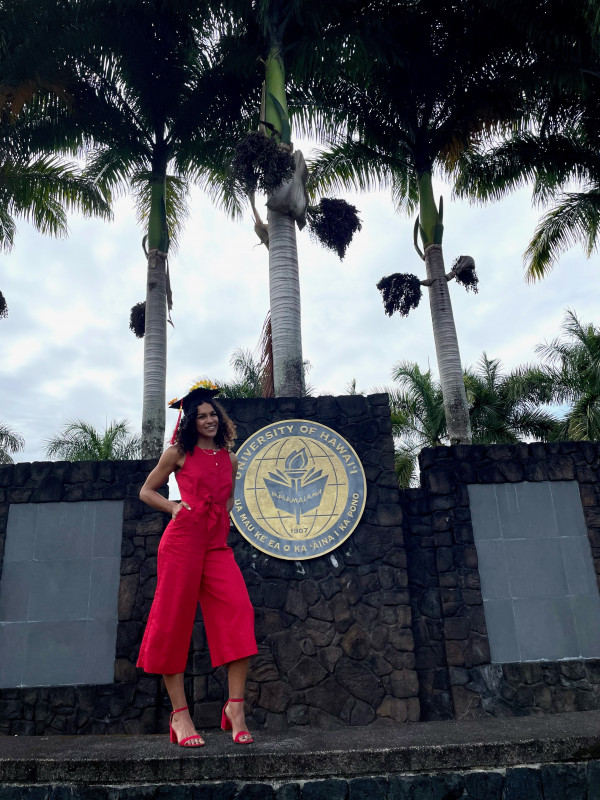 wide angle shot standing in front of the sign saying "university of hawaii at hilo"