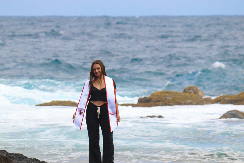 Sophia wearing Vulcan stole with ocean background