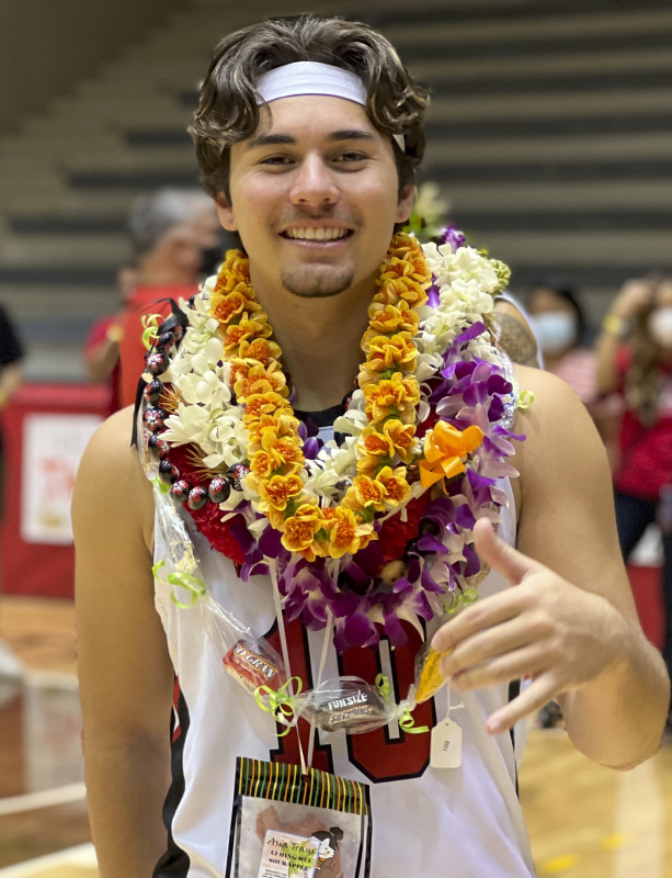 Anthony's senior night for the basketball team, draped in leis.
