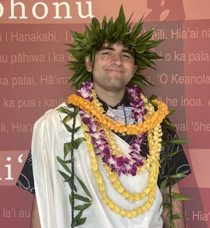 This is a picture of myself at the Hawaiian Studies college, Haleʻōlelo, after completing our Hoʻomoloa ceremony on May 4th.