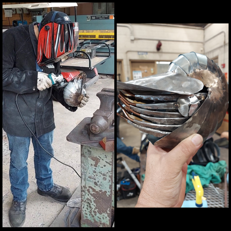 Me on the left finishing up a metal nautilus I made in the welding shop. On the right is my finished nautilus
