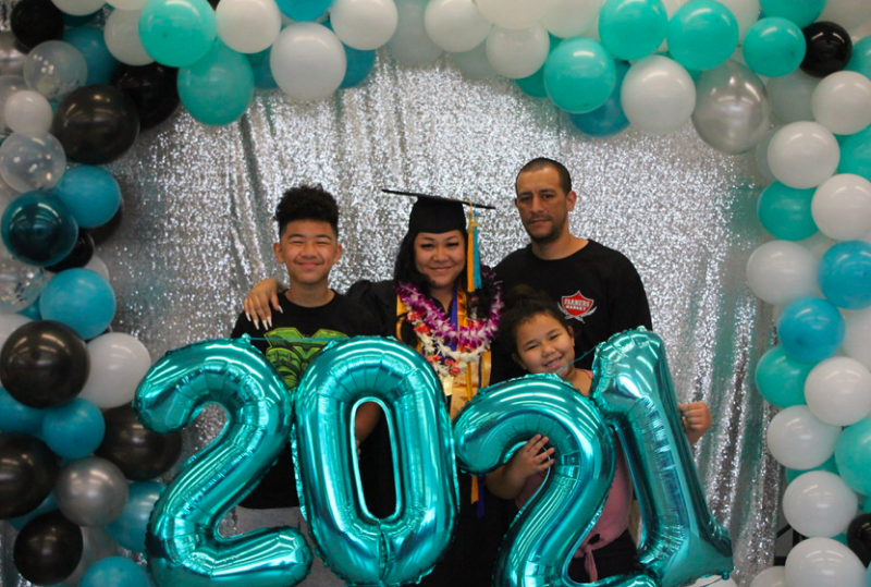 A picture of my family and I holding 2021 balloons.
