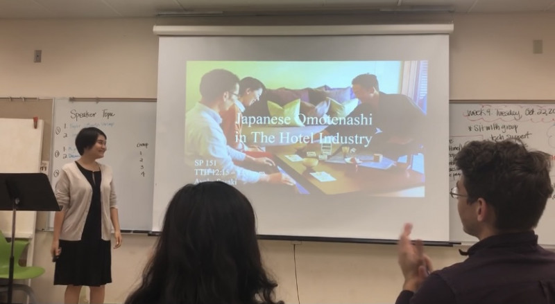 My friend took this picture of me in public speaking class. I gave a presentation about Japanese hospitality in front of the class.