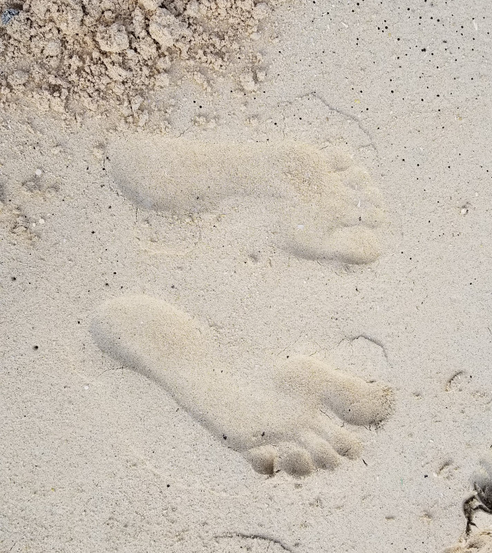 Foot prints in the sand, one is mine, one is my son's.