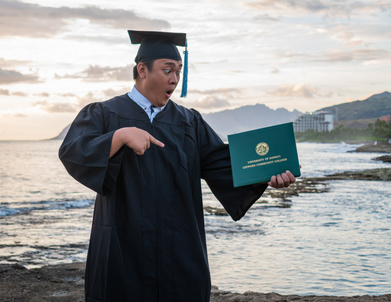 Exaggerated surprised face seeing my diploma.