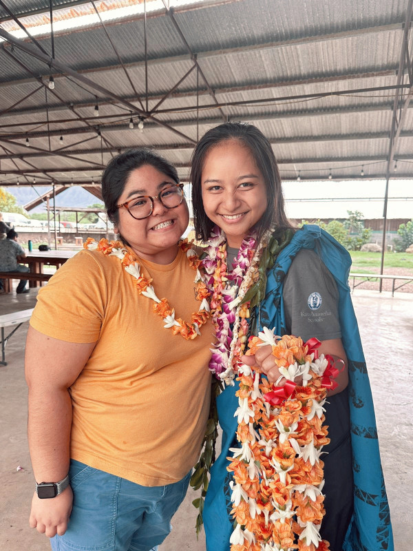 This picture is me smiling of my blue kīhei wrapped around my right shoulder and a few pīkake leis on my right arm.  On the left hand side of me, is my Youth Advisor who has a pair of prescription glasses.  This picture was taken place in the kitchen space of MAʻO Organic Farms, with brown tables and benches in the background.  This was my last day to intern at this farm.  I spent my last two years working here, leading lifelong friendships and experiecing abundant growth.