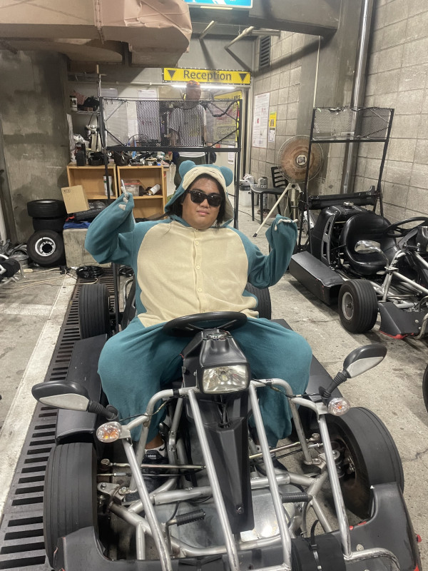 Me in a GoKart in a Snorlax Onsee in Japan.